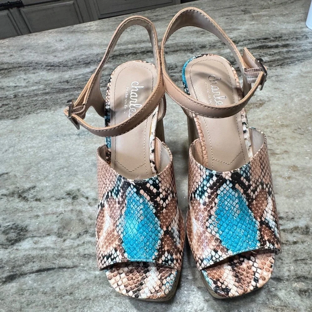Charles David Wedge Sandals Women 7 Snakeskin Platform Cork Turquoise Tan